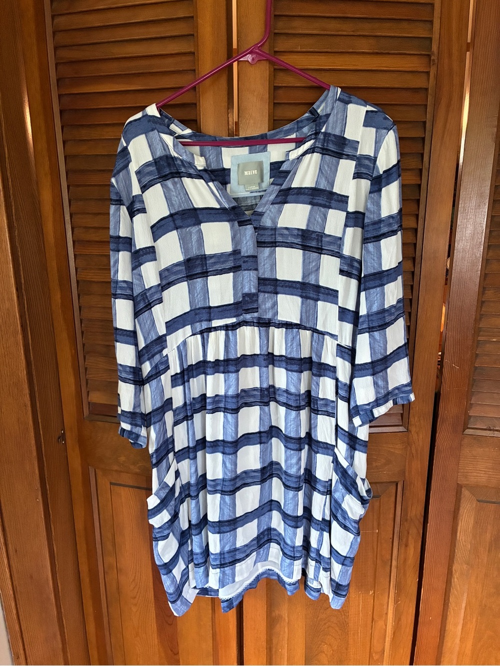 Maeve Navy and White Plaid V-Neck Tunic